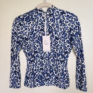 Johnny Was CALME Swim Shirt Women Small Surf Rashguard Top Leopard Blue Half Zip